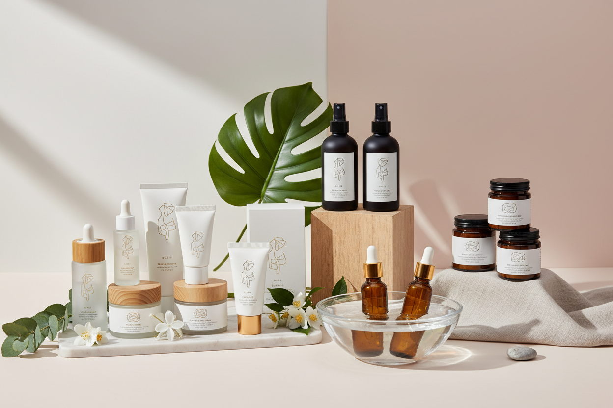 Ultra-high quality promotional product photo for an online store homepage selling skincare, hair care, and wellness supplements. Clean modern aesthetic with soft natural lighting, neutral background (white/beige/soft pastel), elegant composition of skincare bottles, hair care packages, and supplement jars. Include minimal natural props like fresh botanicals, leaves, textures (marble/wood), subtle reflections, crisp labels, soft shadows, premium luxury feel, professional studio photo — no text.
